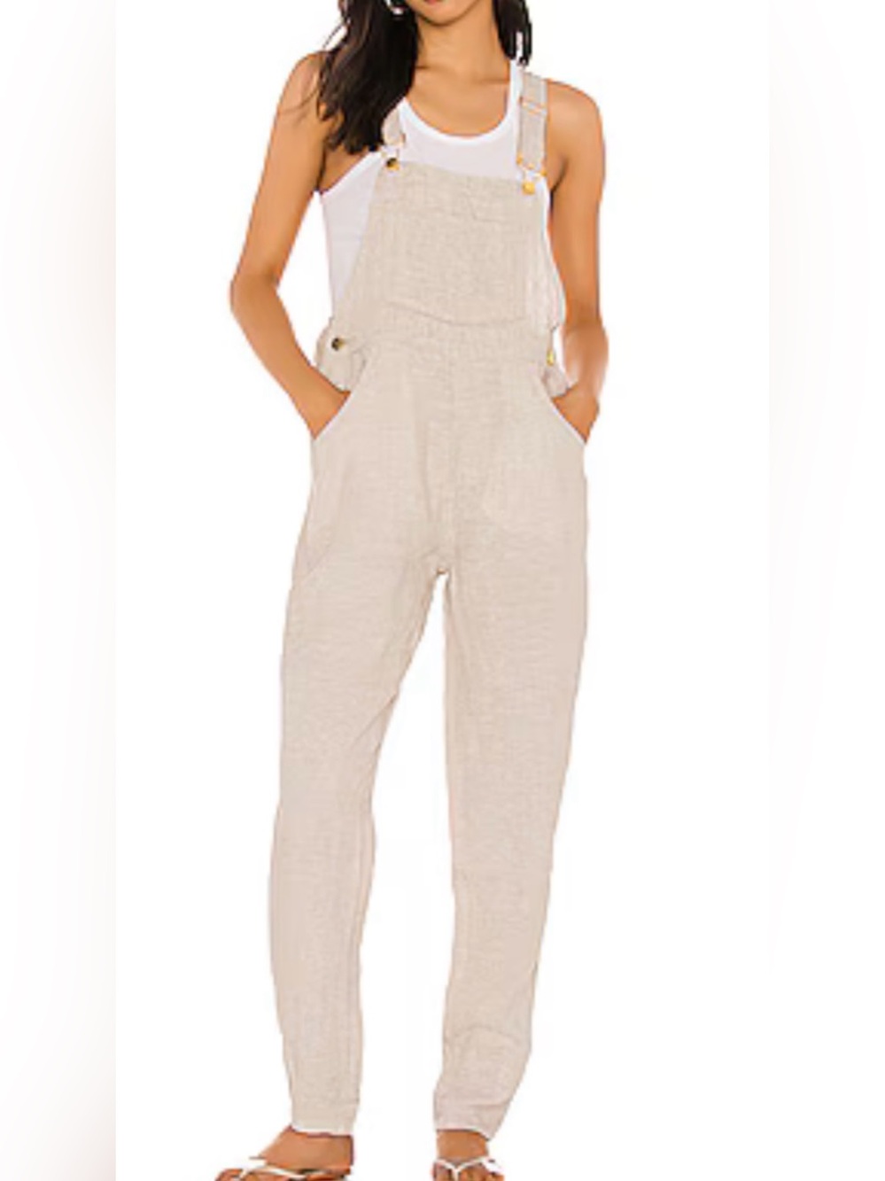 WeWoreWhat Beige Linen Straight Leg Overalls - Size L